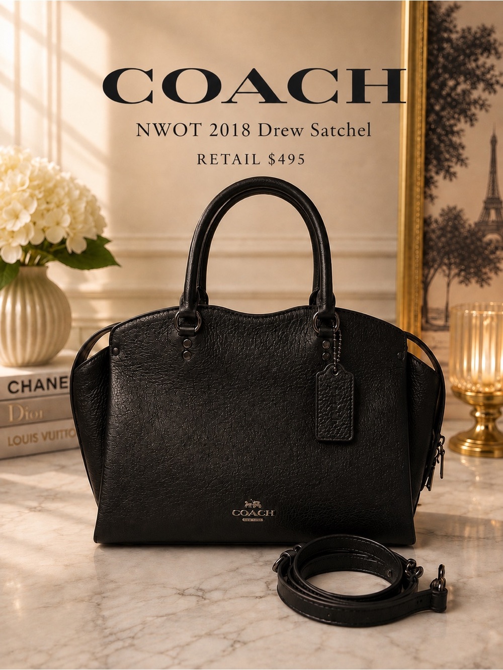 Coach 2018 Drew satchel NWOT black leather with suede sides retail $495